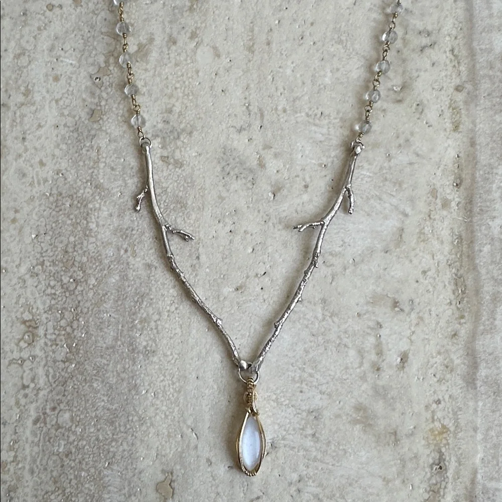 Sterling Silver & 14k Gold Fill Nature Branch Cast and Moonstone Necklace